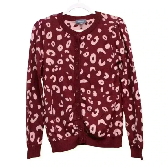 Modcloth Cardigan Sweater Size Medium Pink Animal Print Soft Cotton Stretch Knit - Picture 1 of 11